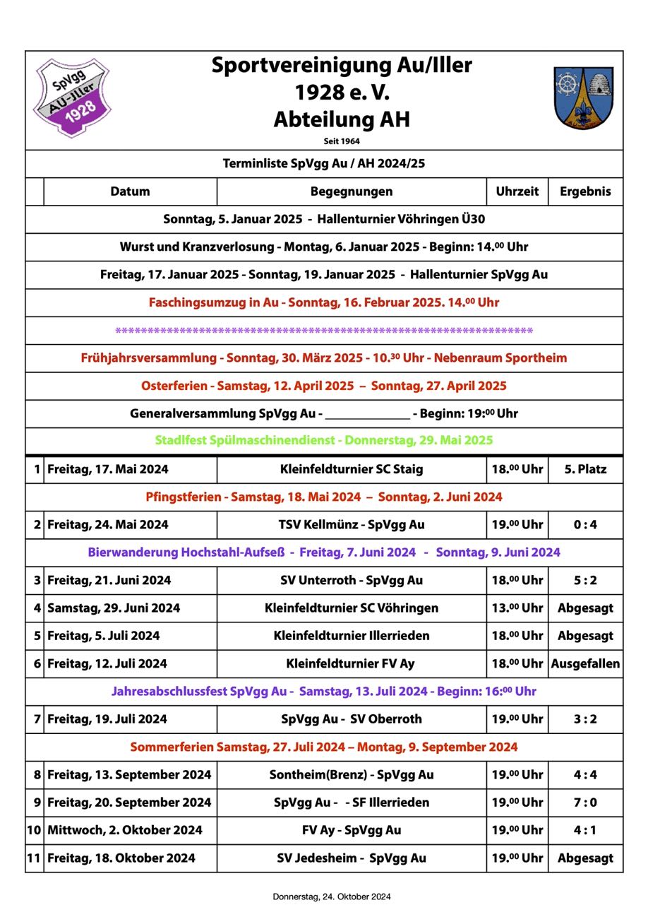  Spielplan 24.10.2024 Terminliste 2024:25